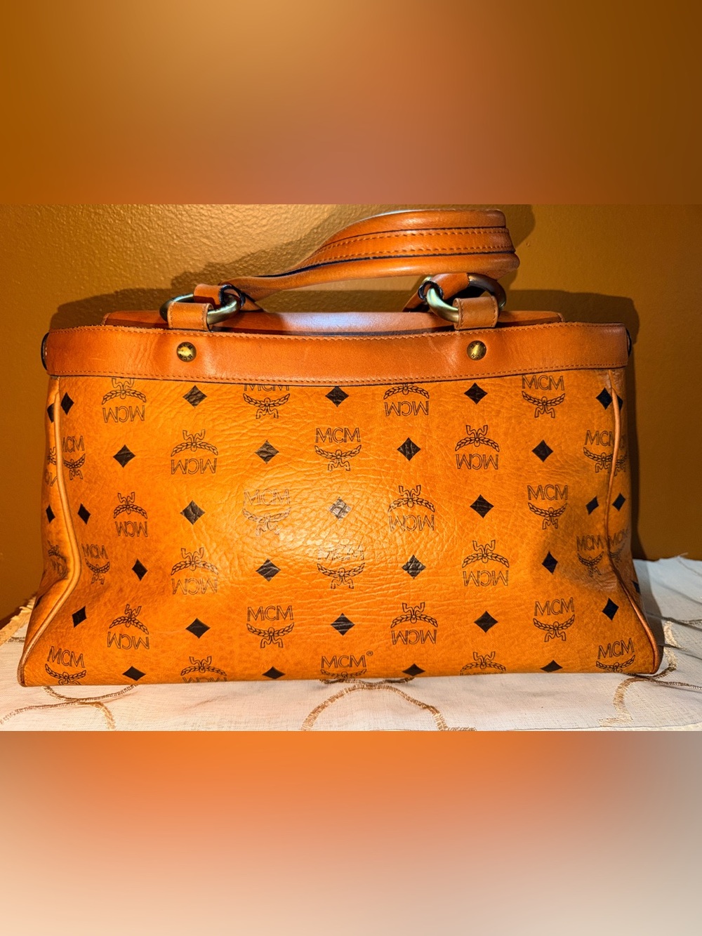 MCM Cognac Visetos Double Pocket Satchel Bag - Picture 2 of 9